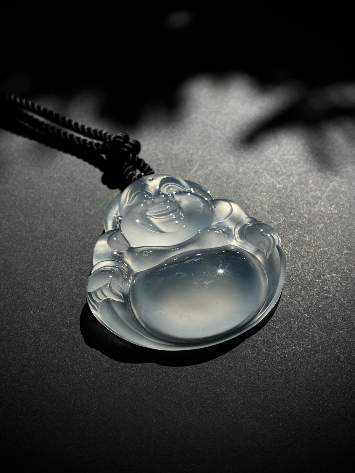 Natural chalcedony Laughing Buddha pendant — view 1