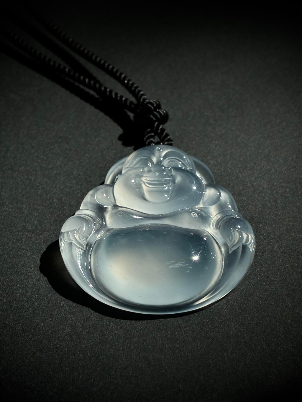 Natural chalcedony Laughing Buddha pendant — view 3