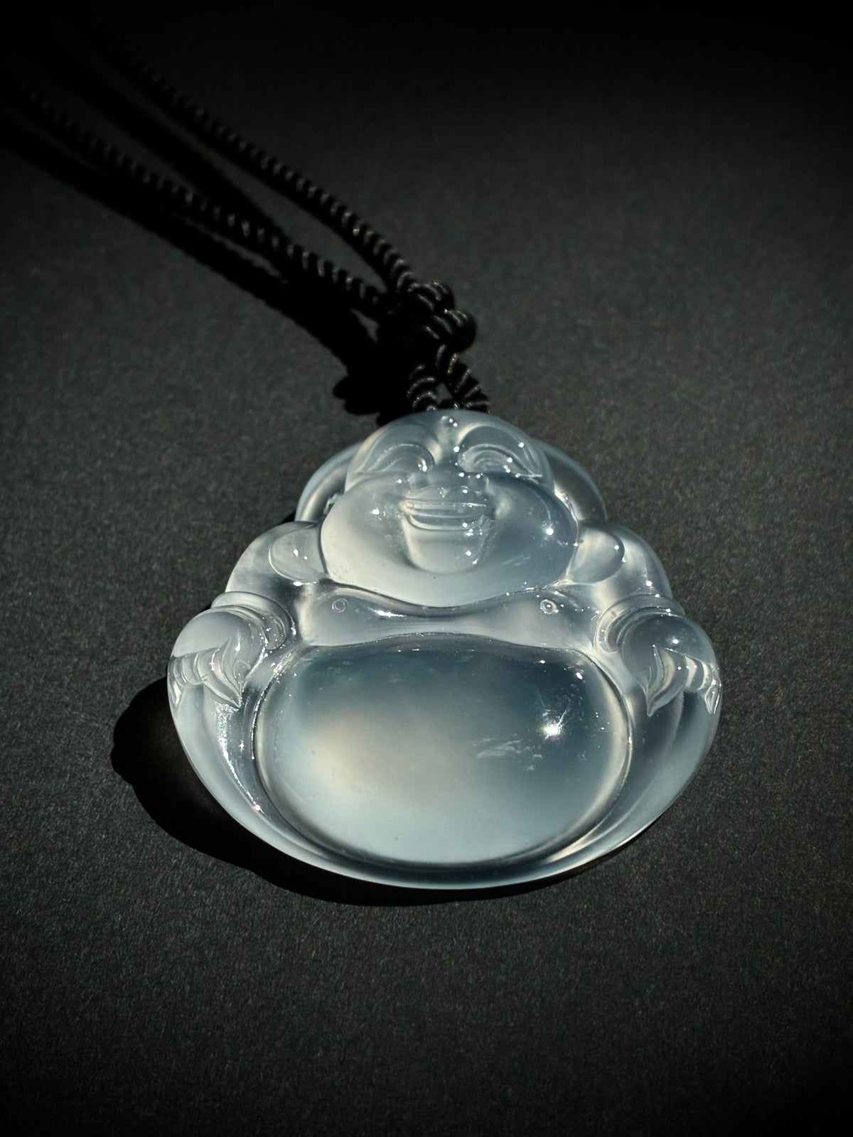 Natural chalcedony Laughing Buddha pendant — view 3