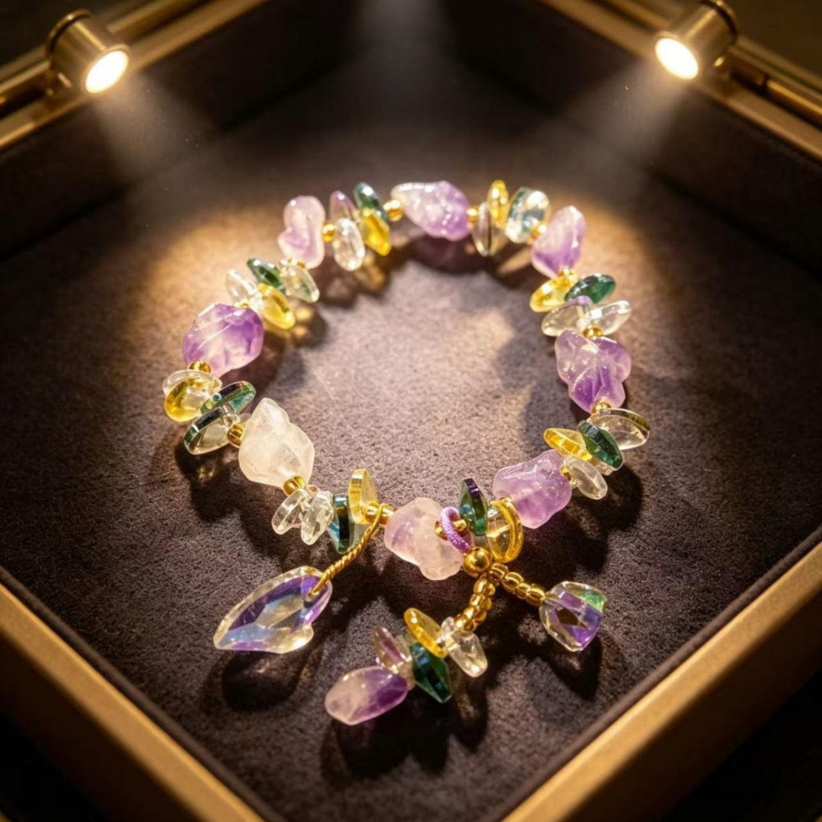 Natural amethyst, citrine, and clear quartz bracelet — view 1