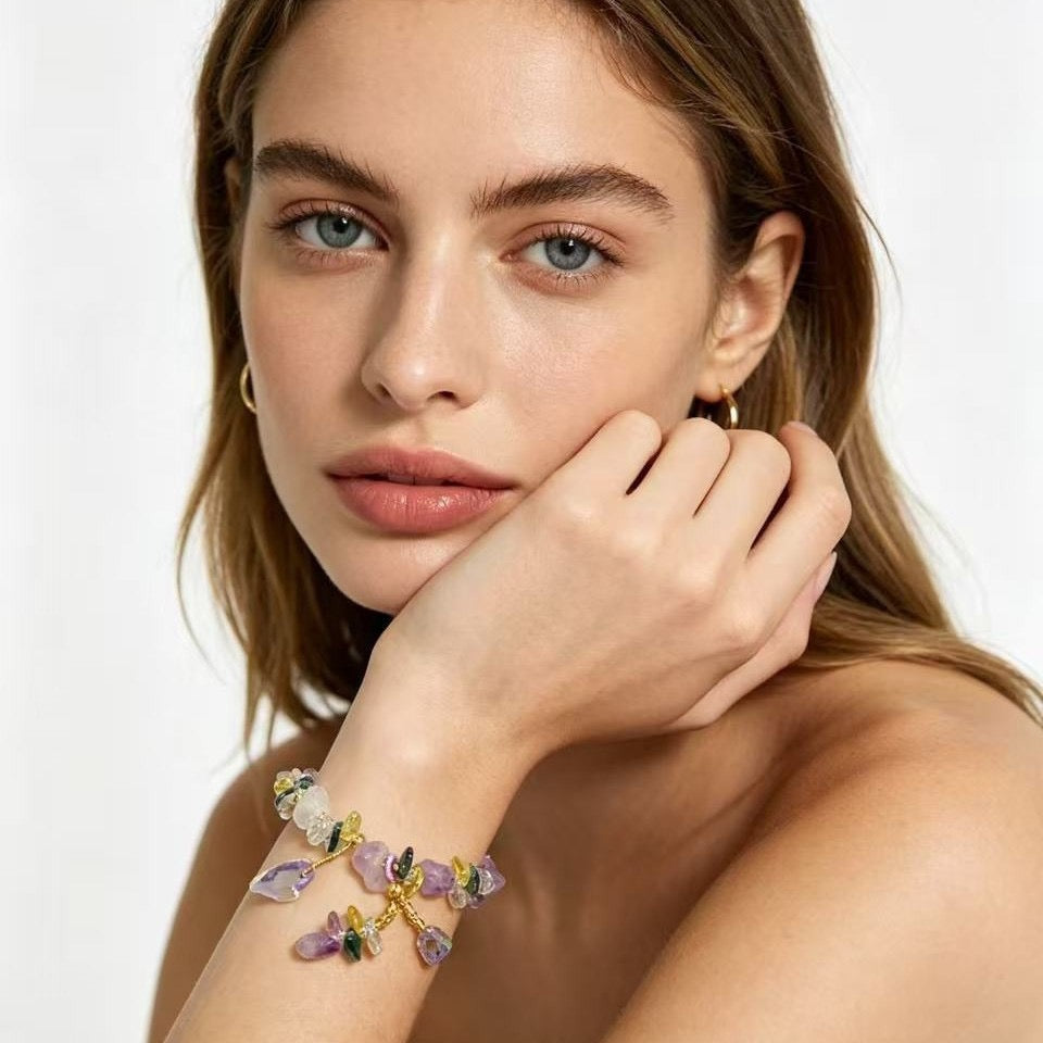 Natural amethyst, citrine, and clear quartz bracelet — view 2