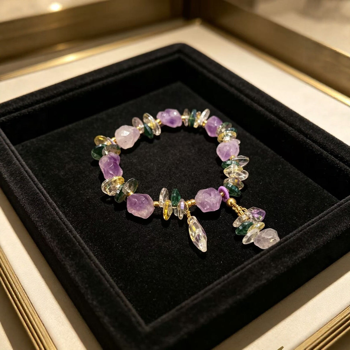 Natural amethyst, citrine, and clear quartz bracelet — view 3