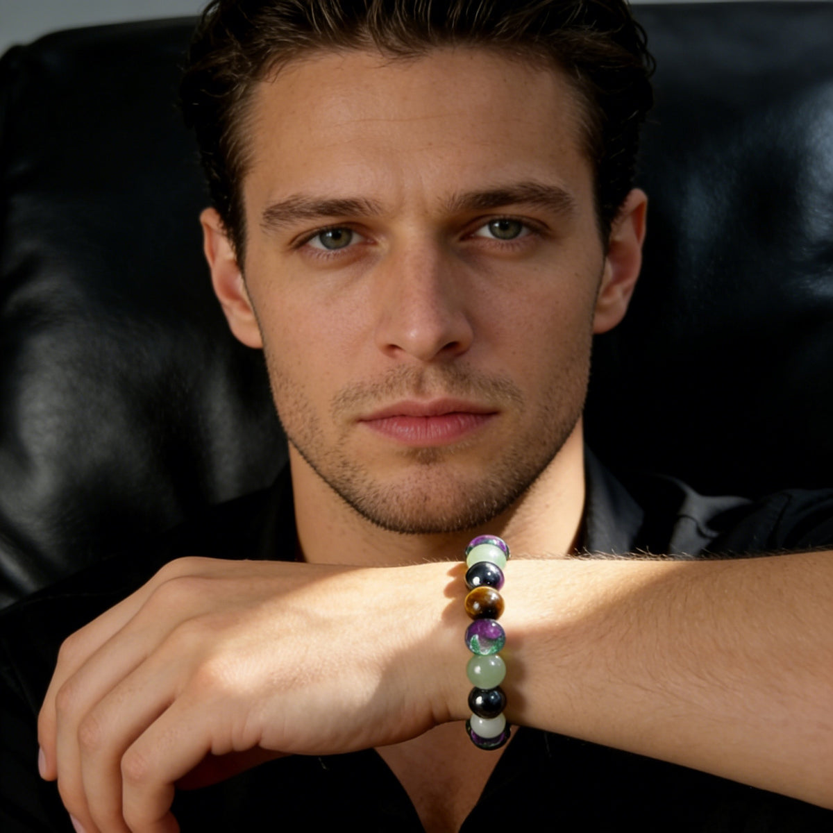 Natural Tiger's Eye and Black Onyx gemstone bracelet — view 2